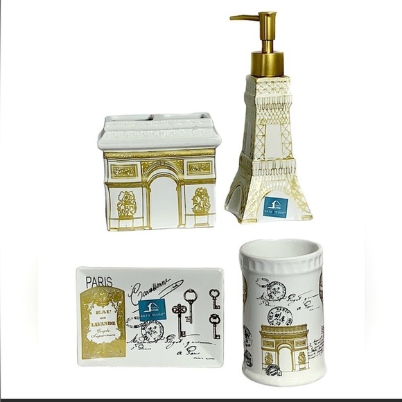Eiffel Tower Paris Bathroom Ceramic Soap Dispenser Toothbrush Holder 2 Pieces - Picture 7 of 16